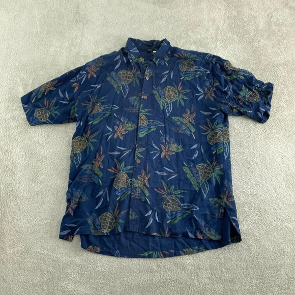 Hibiscus Collection Hawaii Turtle & Floral Print Blue Shirt XL 100% Rayon 4814 - Picture 1 of 7